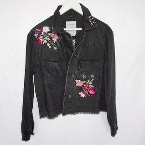 Bershka Embroidered Black Denim Jacket Floral Raw Hem